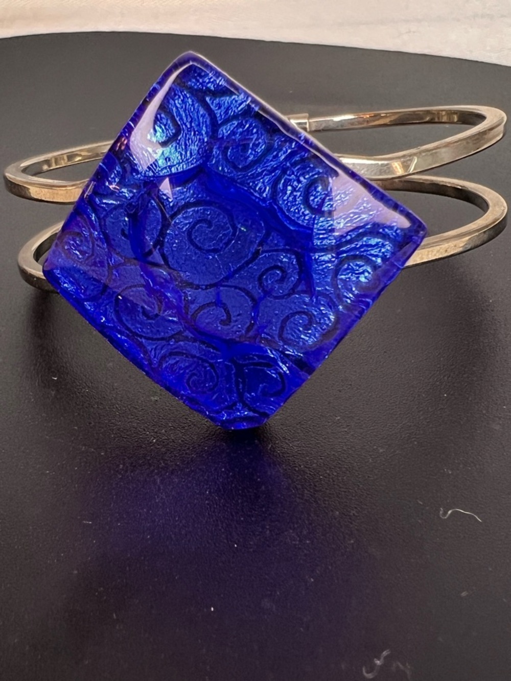 MURANO Cobalt Blue Square Glass Bracelet Top Closure Clamper Silver Tone - Picture 3 of 9